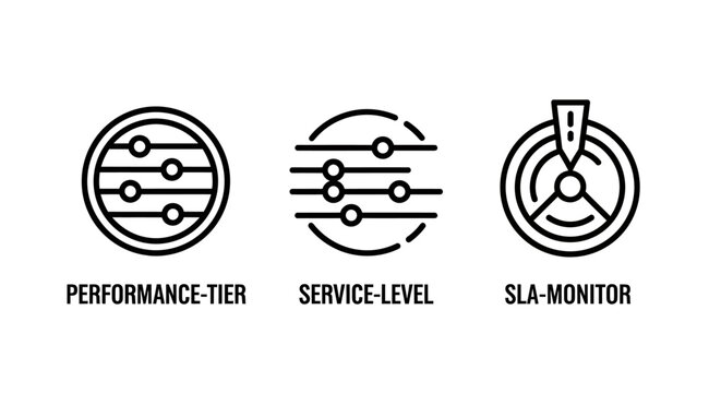 Performance tier service level sla monitor technical icons set with performance technical infrastructure management dashboard software computing monitoring analysis optimization development