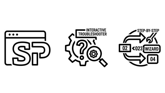 Business software troubleshooting and interactive step by step wizard icons with troubleshooting software interactive technical computer tutorial navigation question magnifier development