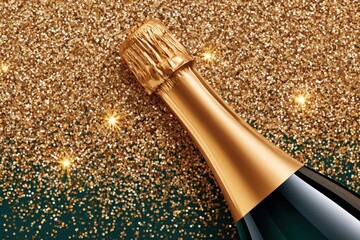 Fototapeta premium Golden champagne bottle on glittering gold and green background for celebration and luxury
