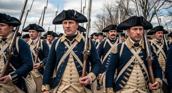 Colonial era soldiers marching in formation with muskets during a historical military reenactment event outdoors