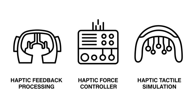 Haptic feedback and tactile simulation technology icons set with feedback simulation controller technology interface interaction robotics electronic engineering hardware automation research
