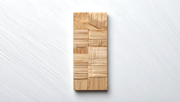 Rectangular cork tile with a geometric parquet pattern, set against a textured white surface with water droplets