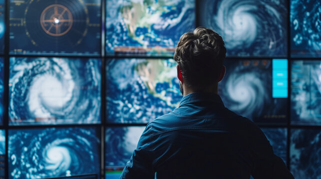 Professional meteorologist analyzing hurricane data in a high-tech control center, meteorological storm tracking station, disaster management command room, climate data visualizati