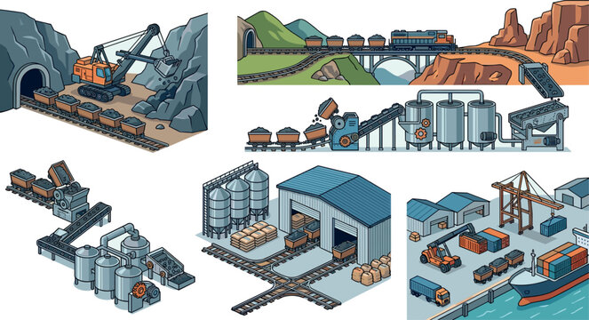 Isometric Industrial Mining and Logistics Vector Scene Set with Processing Plants Freight Trains Warehouses Cargo Ships and Port Yards for Business DesignsI