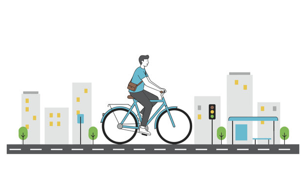 Side view of a man cycling on a blue bicycle through a modern city street with buildings and bus stop in the background.