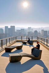 Obraz premium People relaxing on a modern rooftop terrace with city skyline views and dramatic sunlight