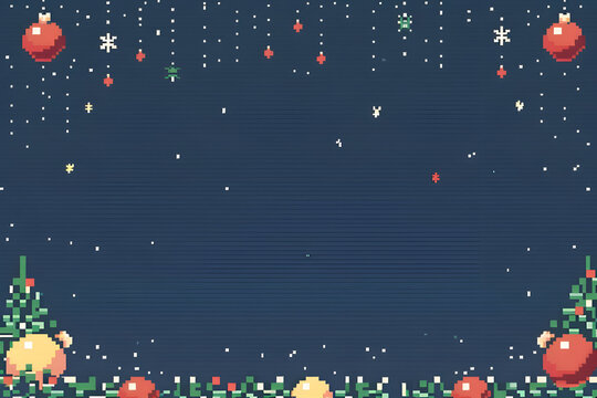 Retro pixel christmas background with festive ornaments and snowflakes