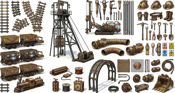 Industrial Mining Equipment and Steampunk Machinery Vector Set with Headframe Minecarts Train Tracks Drilling Rig and Tools for Strategy Game Assets