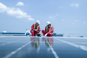 A maintenance engineer in a red safety suit examines a solar panel surface at close range on a...