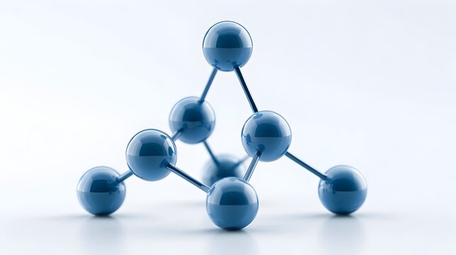 clean, scientific 3D render of white background blue molecules in a tetrahedral arrangement, symbolizing chemistry, biotechnology, and medical innovation with a dark, futuristic aesthetic