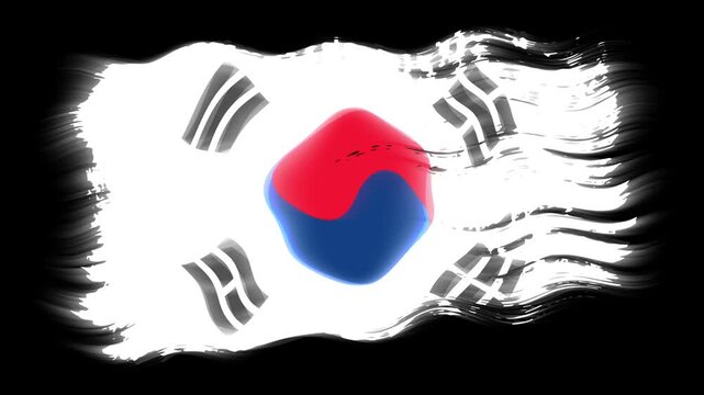 Waving torn South Korea flag grunge brush burn light leaks, transparent background alpha channel loop full HD