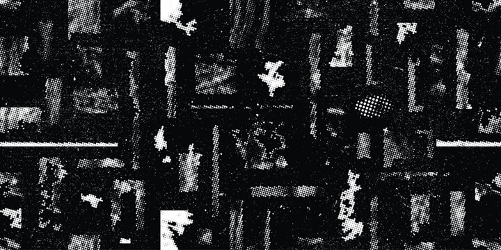 Glitch distorted grungy abstract forms . Halftone dots seamless pattern . Grange shapes .Grunge distress . Vector shapes with half tone dots .Screen print endless pattern