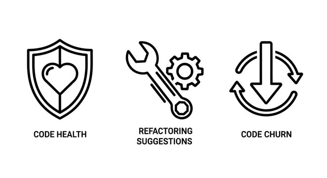 Software development icons for code health refactoring suggestions and code churn metrics with refactoring software development programming engineering debugging improvement technology