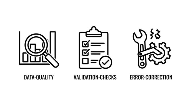 Data management and quality control line icon set featuring validation checks and error correction symbols validation correction management analysis statistics business magnifier clipboard