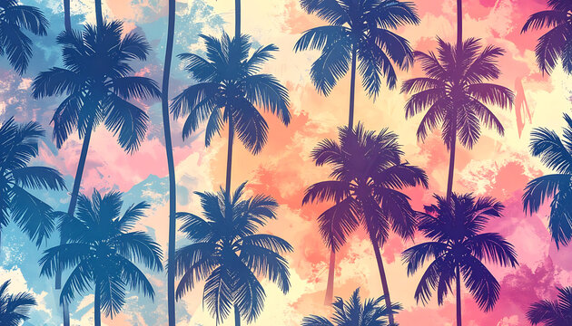 pixelated palm trees pattern on vibrant watercolor background, tropical vacation and summer vibe