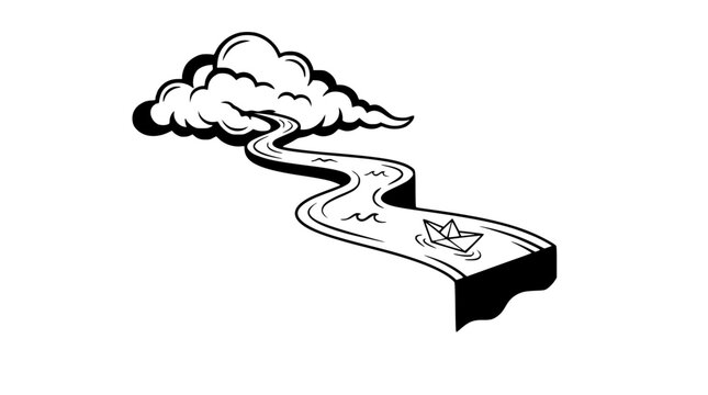 Minimalist black and white line art illustration showing a small paper boat floating peacefully down a winding river emerging from a single fluffy cloud shape