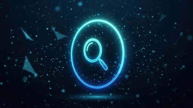 Search icon magnifying glass digital neon light technology futuristic glowing circle abstract blue network data connection internet web exploration discovery interface virtual background symbol