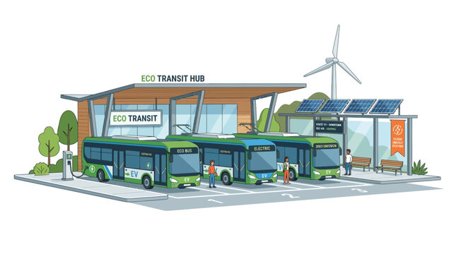Eco Transit Hub: Electric Buses Charging at Sustainable Station with Solar and Wind Power
