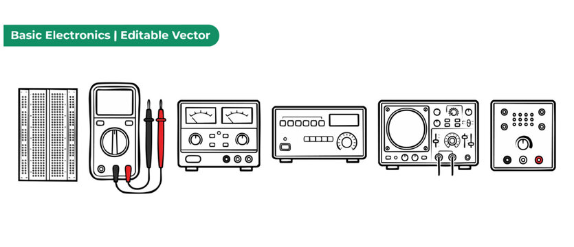 Electronics test equipment icon set featuring multimeter, oscilloscope, breadboard, and power supply line art vectors for engineering laboratory prototyping, education, and technical design.