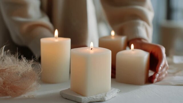 A cozy scene features four glowing candles on a white surface, exuding calm and relaxation. The soft lighting and delicate touch evoke a sense of mindfulness and soothing comfort