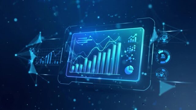 Digital data visualization technology featuring futuristic hologram interface with glowing blue bar chart, pie chart, line graph, and advanced analytics for digital graph and chart visualization
