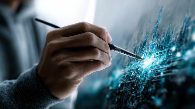 This conceptual photo captures the fusion of art and technology, as a human hand sketches a luminous digital city. The glowing lines and cybernetic elements evoke innovation and imagination
