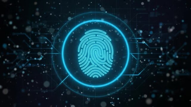 Fingerprint biometric security digital technology authentication data cyber protection scan futuristic neon glowing pattern privacy electronic network interface verification recognition blue access