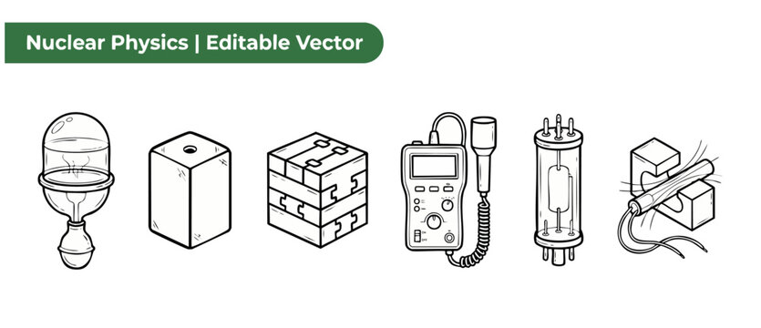 Nuclear physics vector icon set featuring laboratory equipment like geiger counter, reactor core model, vacuum tube and science experiment apparatus for school education diagrams and physics research.