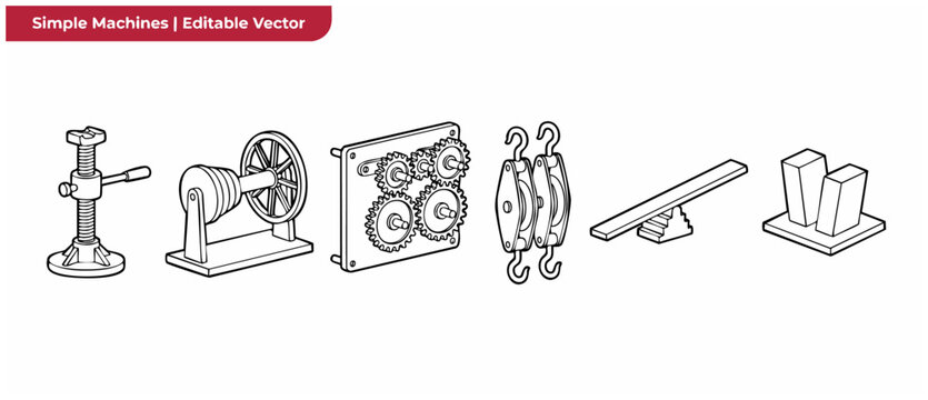 Simple machines vector line icons illustrating fundamental mechanical physics principles for school science education, featuring isolated pulley, lever, wedge, wheel and axle, screw, and gear diagram.