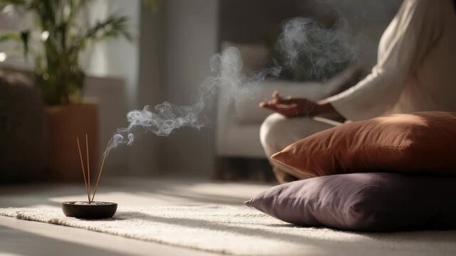 A tranquil home interior features a meditating individual, incense burning and sunlight streaming through the window. The calm setting inspires inner peace, self care, and spiritual wellness