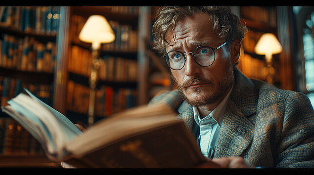 Young intellectual man with glasses reading book in dark academic library style