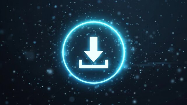 Download icon digital symbol glowing circle arrow pointing down technology concept futuristic design data transfer user interface blue light dark background with neon glow and abstract digital