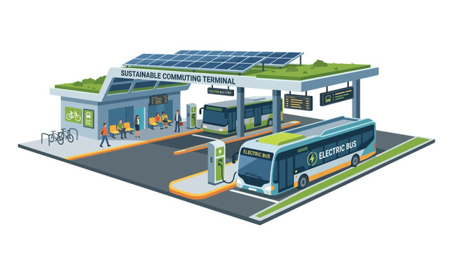 Electric Bus Station with Solar Panels and Green Roofs - Sustainable Commuting Terminal