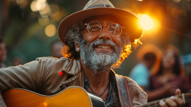Senior bohemian man with grey beard playing acoustic guitar outdoors.