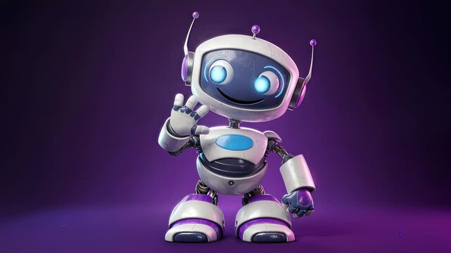 Smiling humanoid robot waving hand against purple background. Friendly artificial intelligence character with glowing blue eyes. Static medium shot.