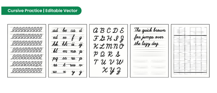 Cursive writing practice worksheet template set featuring uppercase and lowercase alphabet tracing guides with lined handwriting paper exercises for school education, students, and kids learning.