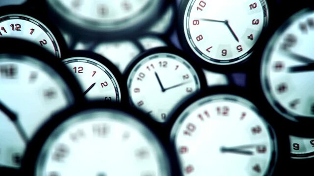 Fast Spinning Hands on Multiple Analog Clocks Representing Time Passing and Deadlines