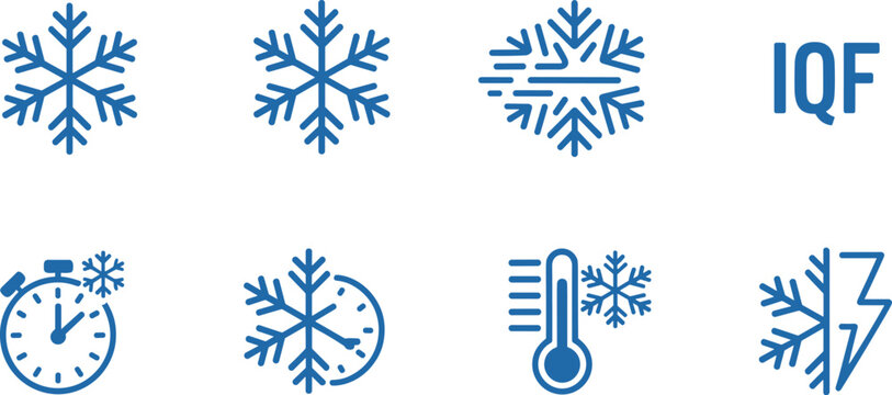 Set of blue IQF freezing and cold temperature process vector icons for food industry packaging and industrial refrigeration labels