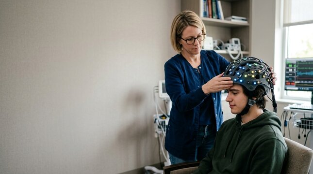 Medical professional places EEG cap on young man in clinic for brain scan and research study