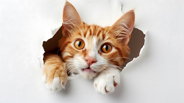 Playful orange tabby cat peeking out with wide curiosity as captured in Orange and white tabby cat with bright amber eyes peeking through torn white paper, front paws visible, playful expression