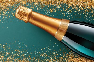 Fototapeta premium Champagne bottle on dark green background with gold glitter for luxury celebration and party