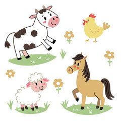 Fototapeta premium Cute cartoon farm animal collection with cow sheep horse and chicken in a meadow collection character illustration domestic friendly colorful livestock background farmyard creatures