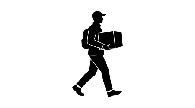 Delivery person silhouette walking with a package and backpack, symbol of logistics and service.