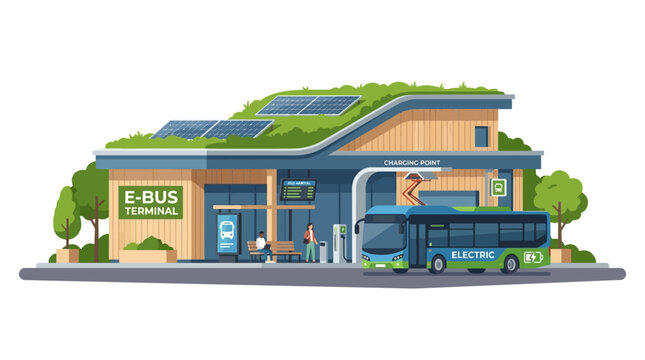 Eco-friendly electric bus terminal with solar panels and green roof