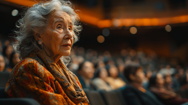 Senior woman sitting in theater audience watching performance with interest in concert hall