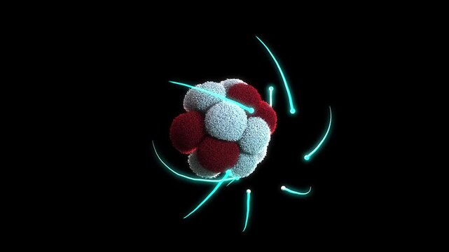 3D animation of an Oxygen atom with electrons orbiting the nucleus on a black background.4K