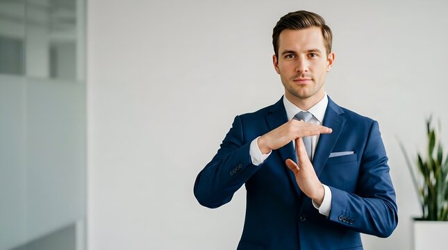 Confident Young Businessman Making a Time Out Sign with Hands on Grey Background