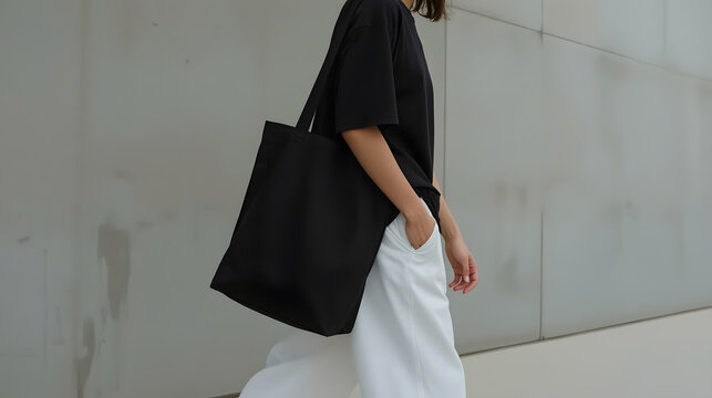 A person walks with a black tote bag slung over their shoulder, wearing a black t-shirt and white pants.