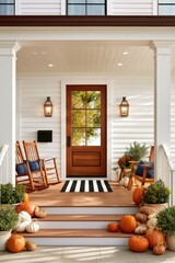 Naklejka premium Welcoming fall decorated porch with wooden door, pumpkins and rocking chairs at home entrance