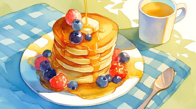Stack of fluffy pancakes topped with syrup, blueberries, and raspberries on a white plate, accompanied by a cup of coffee on a blue checkered tablecloth